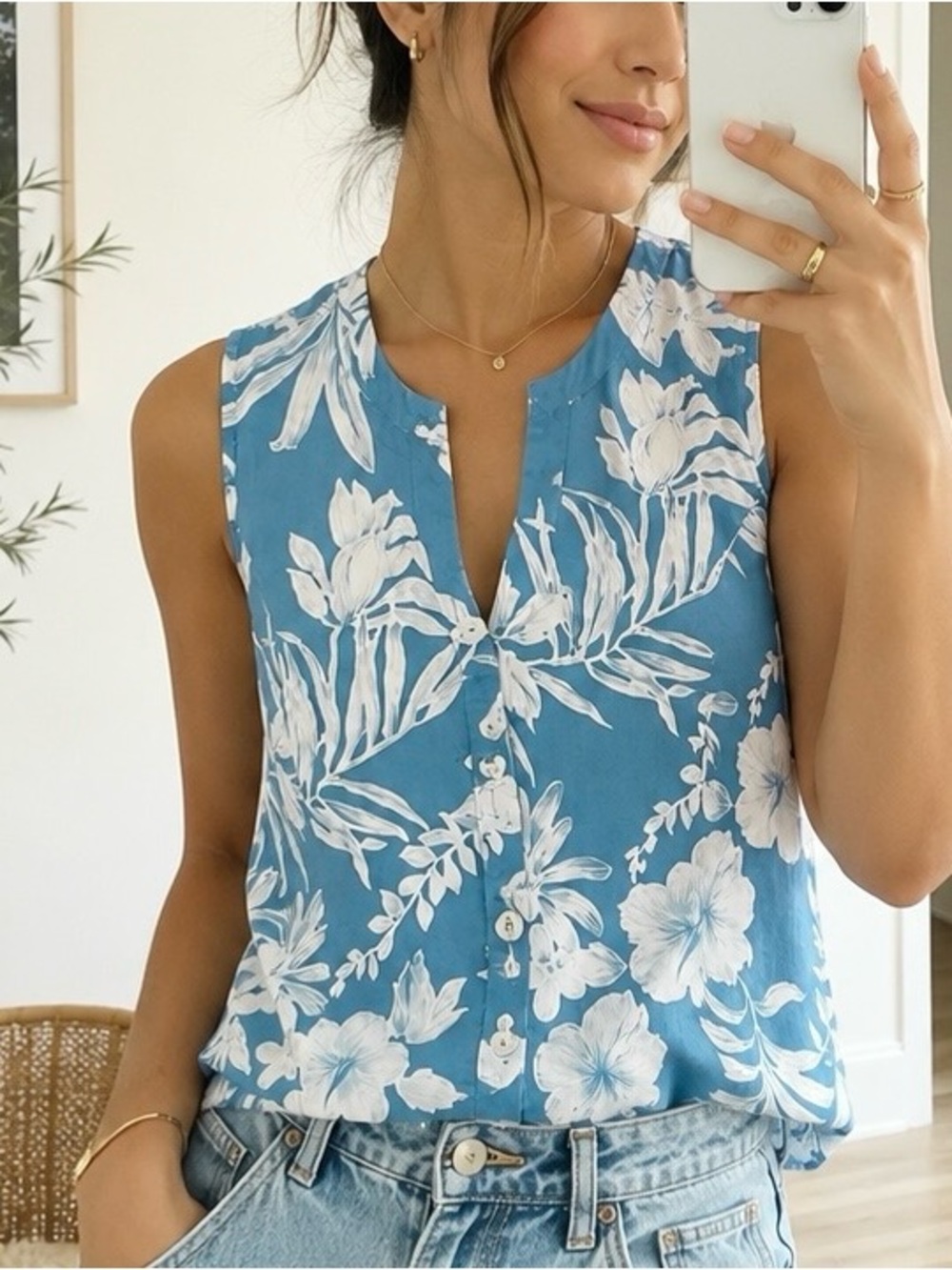 Pineapple Moon Vintage 100% Silk Coastal Floral Button Front Top XS